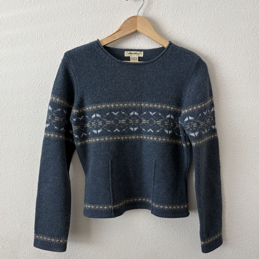 VTG Eddie Bauer Fair Isle Lambswool Knit Sweater Blue Nordic Gorpcore Cottage S